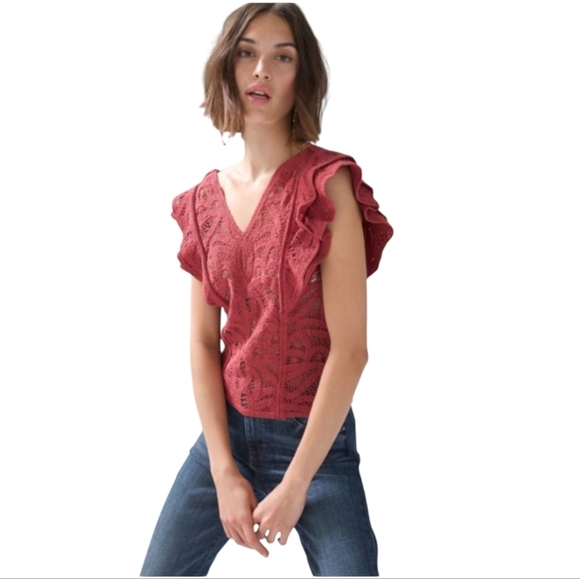 White House Black Market Tops - White House Black Market Linen Crochet Flutter Sleeve Maroon Blouse Size Small